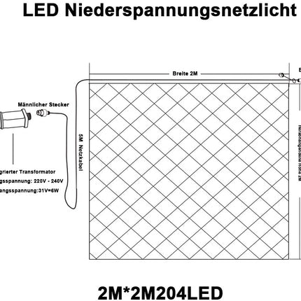 Lichternetz 2M × 2M, 204 LEDs, mit 8 Programmen, Durchsichtig Kabel, Warm Licht, Verbindbar 8M, für Außen