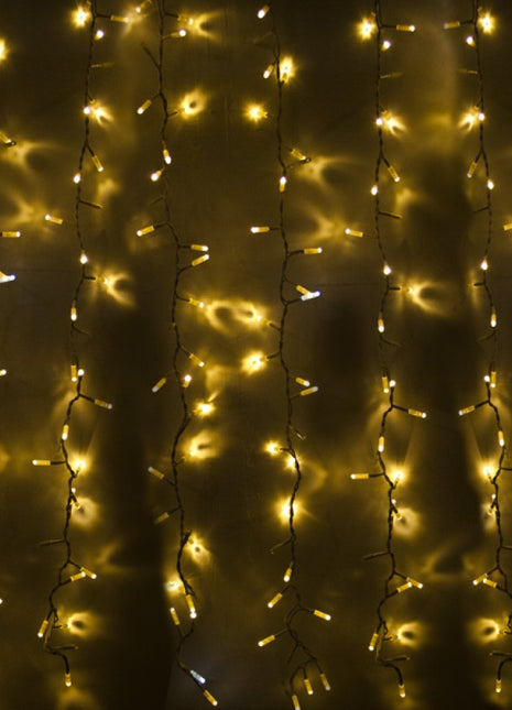 Lichtervorhang 3M × 3M mit 300 LEDs, Durchsichtig Kabel, Warm Licht und Flash, Verbindbar 15M, für Außen