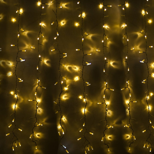 Lichtervorhang 3M × 3M mit 300 LEDs, Durchsichtig Kabel, Warm Licht und Flash, Verbindbar 15M, für Außen