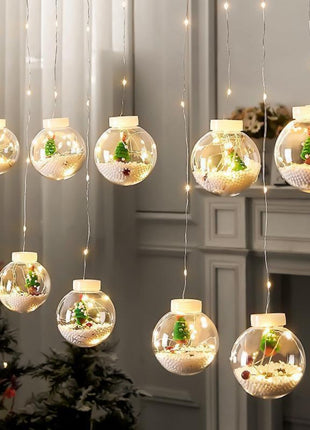 Lichtervorhang 3M mit 10 Große Kugeln mit Tannenbäumen darin, Silberkupfer Draht, Warm Licht, Verbindbar 15M, für Außen