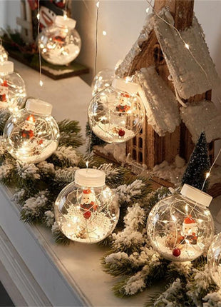 Lichtervorhang 3M mit 10 Kugel mit Weihnachtsmann, Silberkupfer Draht, Warm Licht, Verbindbar 15M, für Außen