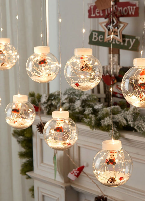 Lichtervorhang 3M mit 10 Kugel mit Weihnachtsmann, Silberkupfer Draht, Warm Licht, Batteriebetrieben