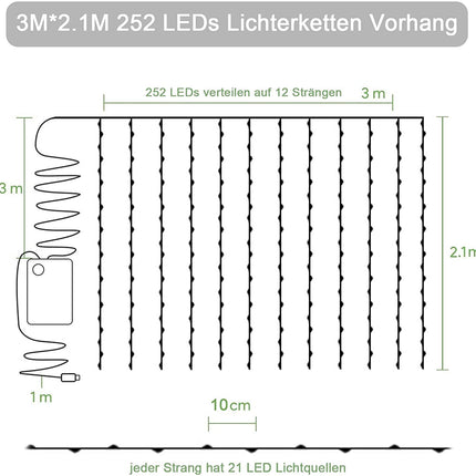 Lichtervorhang 3M x 2,1M Künstliche Efeugirlande mit 252 Mini-LEDs, mit USB und Batterien, für Außen
