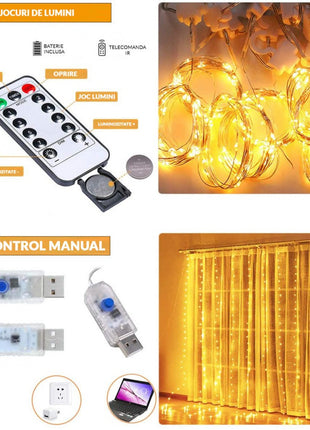 Silberdraht Lichtervorhang 3M × 3M, 300 LEDs, mit USB und Fernbedienung, 8 Programmen, Warm Licht, für Außen