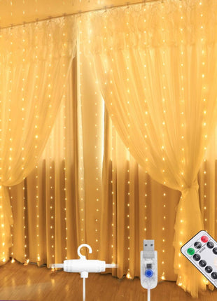 Silberdraht Lichtervorhang 3M × 3M, 300 LEDs, mit USB und Fernbedienung, 8 Programmen, Warm Licht, für Außen