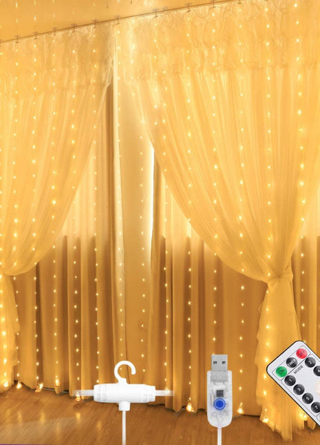Silberdraht Lichtervorhang 3M × 3M, 300 LEDs, mit USB und Fernbedienung, 8 Programmen, Warm Licht, für Außen
