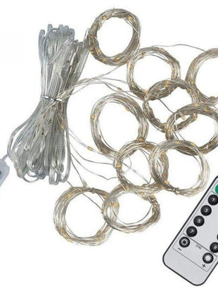 Silberdraht Lichtervorhang 3M × 3M, 300 LEDs, mit USB und Fernbedienung, 8 Programmen, Warm Licht, für Außen