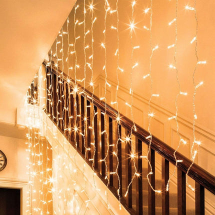Lichtervorhang 3M × 3M mit 300 Premium-LEDs, Durchsichtig Kabel, Warm Licht, Verbindbar 15M, für Außen