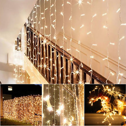 Lichtervorhang 3M × 3M mit 300 Premium-LEDs, Durchsichtig Kabel, Warm Licht, Verbindbar 15M, für Außen