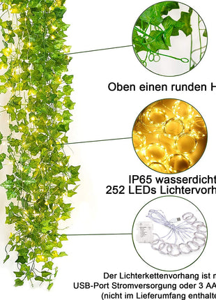 Lichtervorhang 3M x 2,1M Künstliche Efeugirlande mit 252 Mini-LEDs, mit USB und Batterien, für Außen