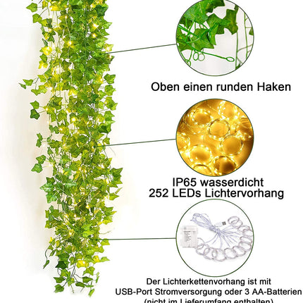 Lichtervorhang 3M x 2,1M Künstliche Efeugirlande mit 252 Mini-LEDs, mit USB und Batterien, für Außen