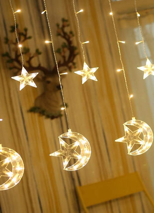 Lichtervorhang 2,5M mit 12 Hängelichter Mond und Sterne mit 138 LEDs, 8 Programmen, Durchsichtig Kabel, Verbindbar 12M, für Außen