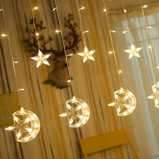 Lichtervorhang 2,5M mit 12 Hängelichter Mond und Sterne mit 138 LEDs, 8 Programmen, Durchsichtig Kabel, Verbindbar 12M, für Außen