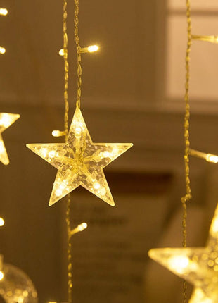 Lichtervorhang 2,5M mit 12 Hängelichter Mond und Sterne mit 138 LEDs, 8 Programmen, Durchsichtig Kabel, Verbindbar 12M, für Außen