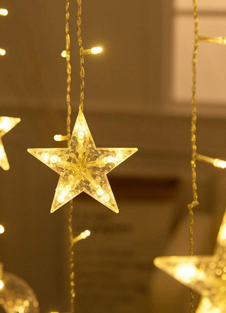 Lichtervorhang 2,5M mit 12 Hängelichter Mond und Sterne mit 138 LEDs, 8 Programmen, Durchsichtig Kabel, Verbindbar 12M, für Außen