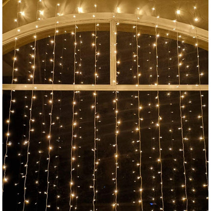 Lichtervorhang 3M × 3M mit 300 Premium-LEDs, Durchsichtig Kabel, Warm Licht, Verbindbar 15M, für Außen