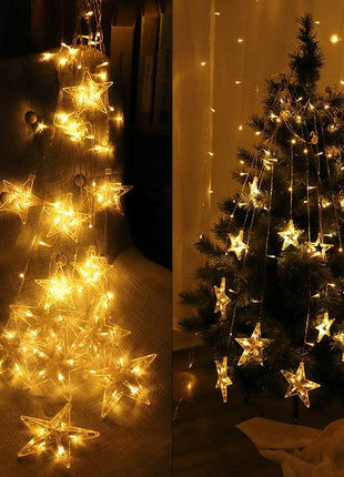 Lichtervorhang 2,5M mit 12 Sternen mit 128 LEDs, Warm Licht, Verbindbar 12,5M für Außen