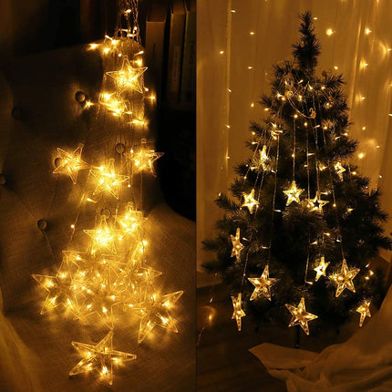 Lichtervorhang 2,5M mit 12 Sternen mit 128 LEDs, Warm Licht, Verbindbar 12,5M für Außen