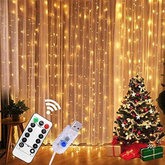 Kupferdraht Lichtervorhang 3M × 3M, 300 LEDs, mit USB und Fernbedienung, 8 Programmen, Warm Licht, für Außen