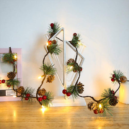 Lichterkette 2M mit 20 LEDs mit kleinen roten Beeren, Glocken und Tannenzapfen, Warm Licht, Batteriebetrieben