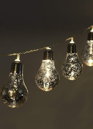 Party Lichterkette 2M mit 10 Silber Glühbirnen mit 50 Mini-LEDs, Durchsichtig Kabel, Warm Licht, Batteriebetrieben, für Außen