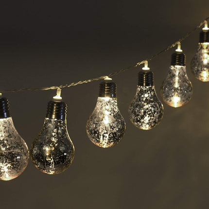 Party Lichterkette 2M mit 10 Silber Glühbirnen mit 50 Mini-LEDs, Durchsichtig Kabel, Warm Licht, Batteriebetrieben, für Außen