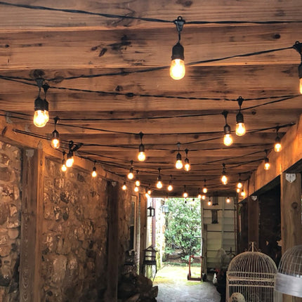 Lichterkette 15M mit 15 Pendel LED-Birnen, E27, 2W, Kunststoff, Dimmbar, Schwarzes Kabel, Verbindbar 500M, für Außen