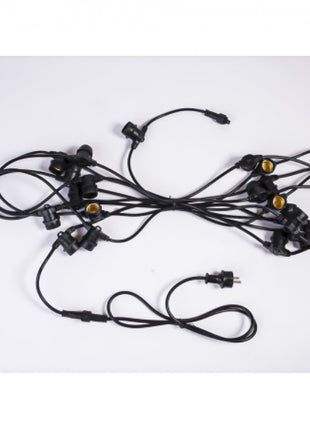 Kabel 10M mit 10 Fassungen E27, Schwarzes Kabel 2 x 1.5mm², Verbindbar max. 2000W, für Außen