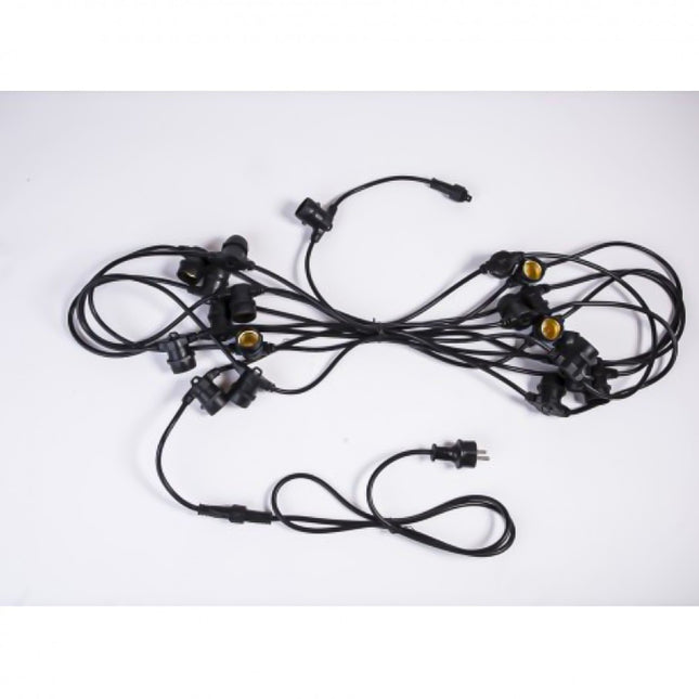 Kabel 10M mit 10 Fassungen E27, Schwarzes Kabel 2 x 1.5mm², Verbindbar max. 2000W, für Außen