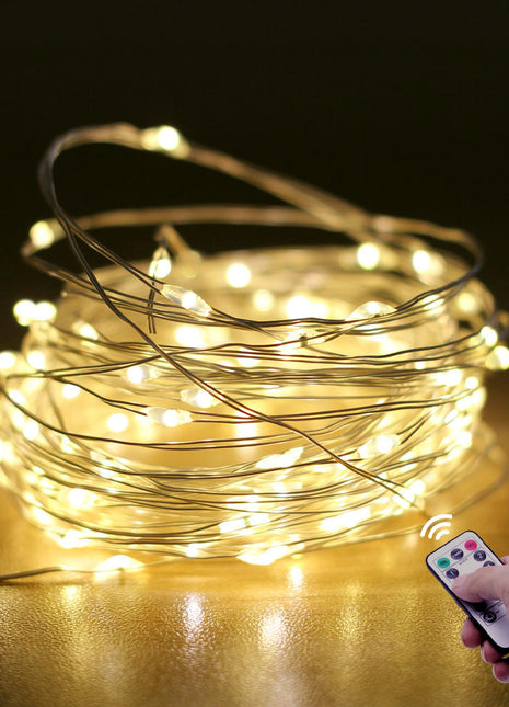 Silberdraht Lichterkette 20M mit 200 LEDs mit Fernbedienung und Batteriebetrieb, Kalt Licht, für Außen