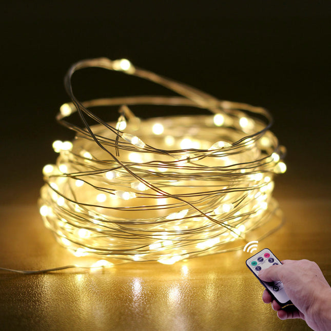 Silberdraht Lichterkette 20M mit 200 LEDs mit Fernbedienung und Batteriebetrieb, Kalt Licht, für Außen