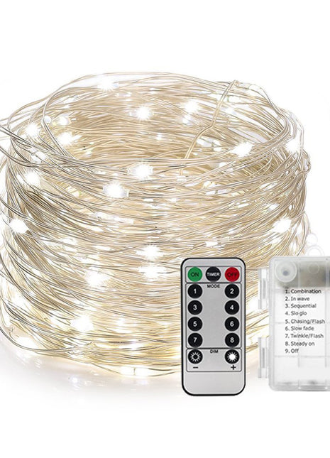 Silberdraht Lichterkette 20M mit 200 LEDs mit Fernbedienung und Batteriebetrieb, Kalt Licht, für Außen
