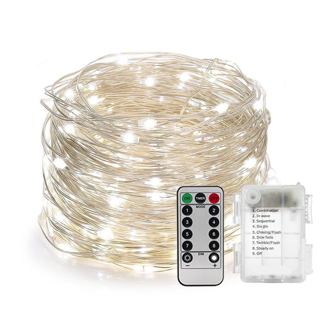 Silberdraht Lichterkette 20M mit 200 LEDs mit Fernbedienung und Batteriebetrieb, Kalt Licht, für Außen