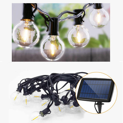 Solar Lichterkette 6M mit 12 Lampen-LEDs G40 und USB, E12, 1W, Schwarzes Kabel, Warm Licht, für Außen