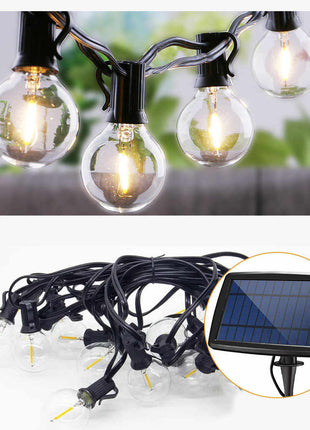Solar Lichterkette 6M mit USB und 25 Lampen-LEDs G40, E12, 1W, Schwarzes Kabel, für Außen