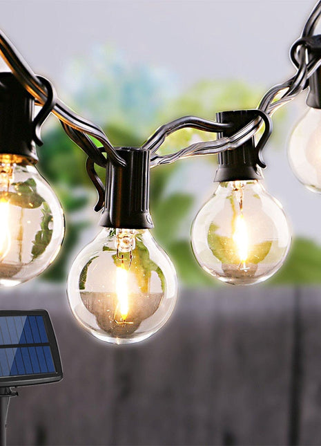 Solar Lichterkette 6M mit 12 Lampen-LEDs G40 und USB, E12, 1W, Schwarzes Kabel, Warm Licht, für Außen