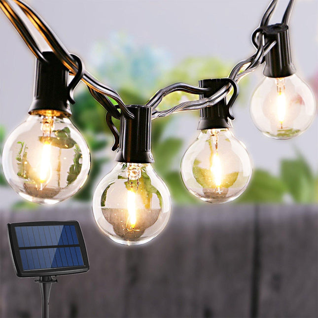 Solar Lichterkette 6M mit 12 Lampen-LEDs G40 und USB, E12, 1W, Schwarzes Kabel, Warm Licht, für Außen