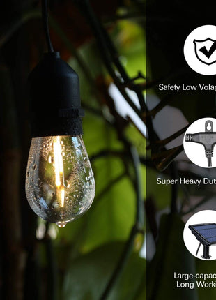 Solar Lichterkette 7,6M mit 10 + 2 Birnen LEDs Geschenk, E27 2W, Schwarzes Kabel, Warm Licht, für Außen