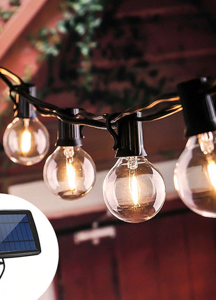 Solar Lichterkette 6M mit 12 Lampen-LEDs G40 und USB, E12, 1W, Schwarzes Kabel, Warm Licht, für Außen