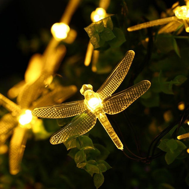 Solarlichterkette 4,5M mit 30 Libellen-LEDs, Dunkelgrün Kabel, Warm Licht, für Außen