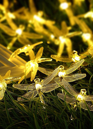 Solarlichterkette 4,5M mit 30 Libellen-LEDs, Dunkelgrün Kabel, Warm Licht, für Außen