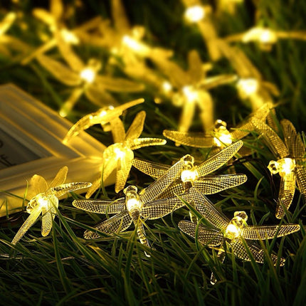 Solarlichterkette 4,5M mit 30 Libellen-LEDs, Dunkelgrün Kabel, Warm Licht, für Außen