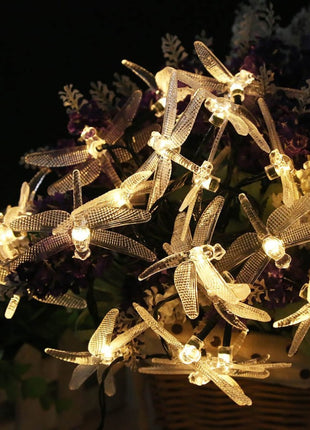 Solarlichterkette 4,5M mit 30 Libellen-LEDs, Dunkelgrün Kabel, Warm Licht, für Außen