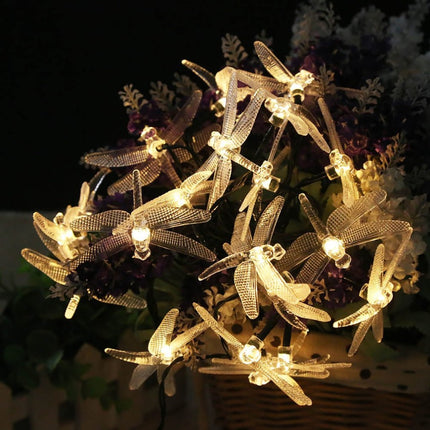 Solarlichterkette 4,5M mit 30 Libellen-LEDs, Dunkelgrün Kabel, Warm Licht, für Außen