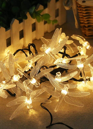 Solarlichterkette 4,5M mit 30 Libellen-LEDs, Dunkelgrün Kabel, Warm Licht, für Außen