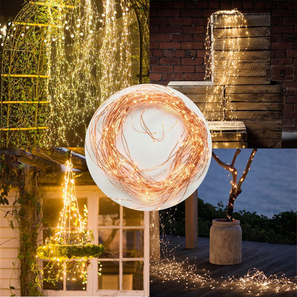 Kupfer Wasserfall Lichterkette 2M mit 300 Mini-LEDs mit Batterien und Fernbedienung, Warm Licht, für Außen