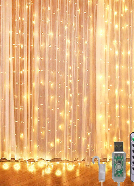 Kupferdraht Lichtervorhang 3M × 3M, 300 LEDs, mit USB und Fernbedienung, 8 Programmen, Warm Licht, für Außen