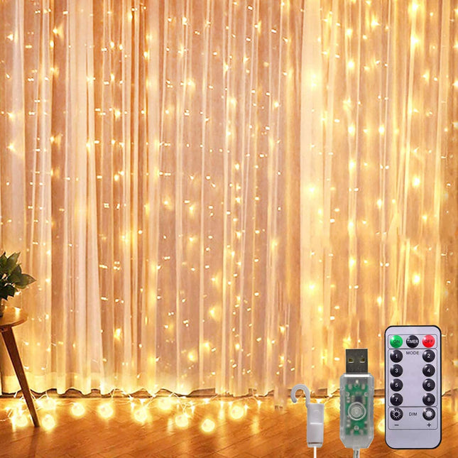 Kupferdraht Lichtervorhang 3M × 3M, 300 LEDs, mit USB und Fernbedienung, 8 Programmen, Warm Licht, für Außen