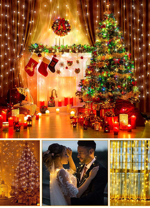 Kupferdraht Lichtervorhang 3M × 3M, 300 LEDs, mit USB und Fernbedienung, 8 Programmen, Warm Licht, für Außen