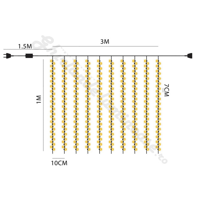Lichtervorhang 3M × 1M mit 300 LEDs, Weißes Kabel, Warm Licht, Verbindbar 15M, für Außen